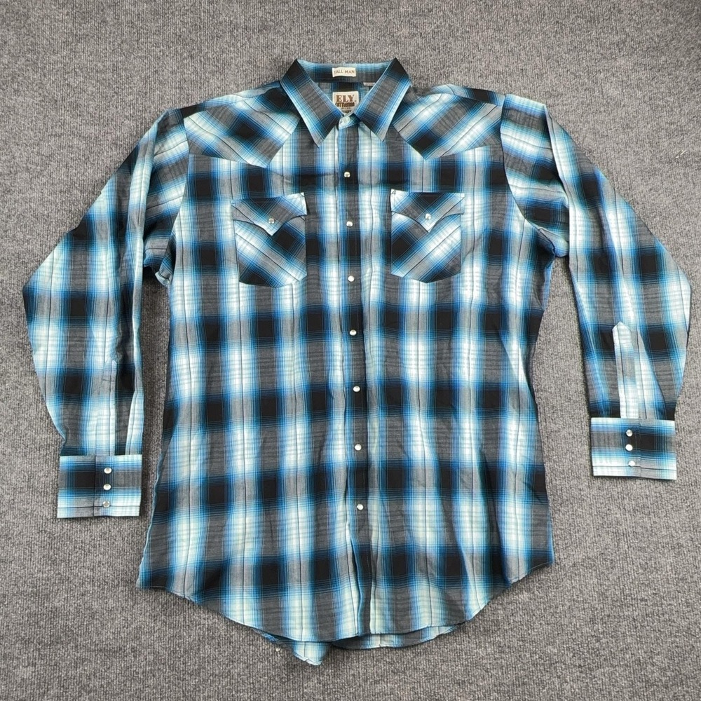 Ely Cattleman Western‎ Shirt Mens 2XLT Blue Plaid Pearl Snap Long Sleeve Cowboy